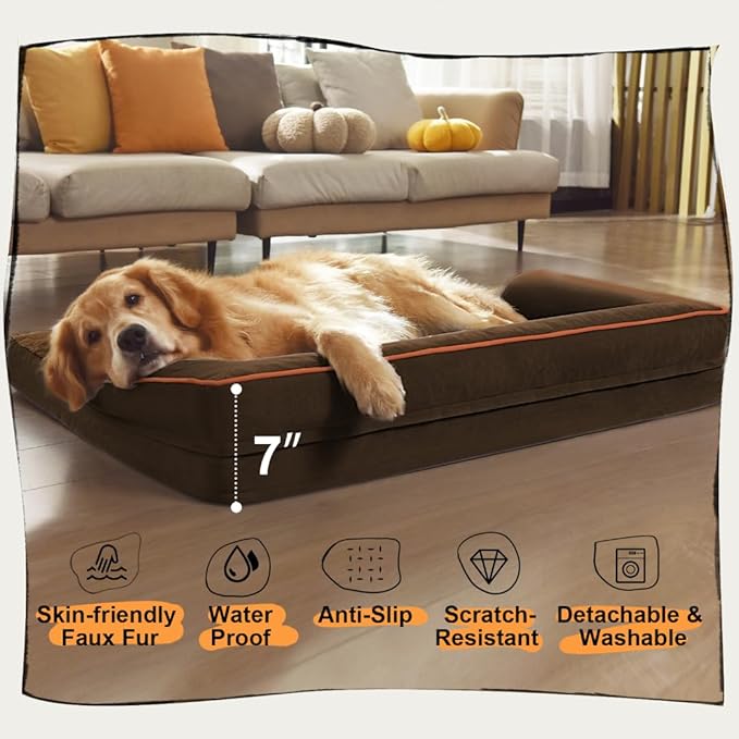 Large Dog Bed Orthopedic Washable - Beds Bolster - Extra Large Big Dogs - Waterproof with Removable Cover - Memory Foam Couch Sofa - Coffee Dog Bed