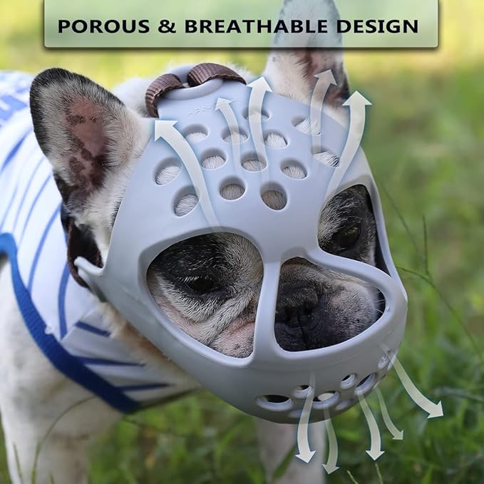 BARKLESS Dog Muzzle for Short Snout Dogs, Soft Silicone Muzzle for Biting, Chewing, Licking for French Bulldog Shih Tzu, Ideal for Flat-Faced Aggressive Dogs Grooming Walking, Allows Drinking