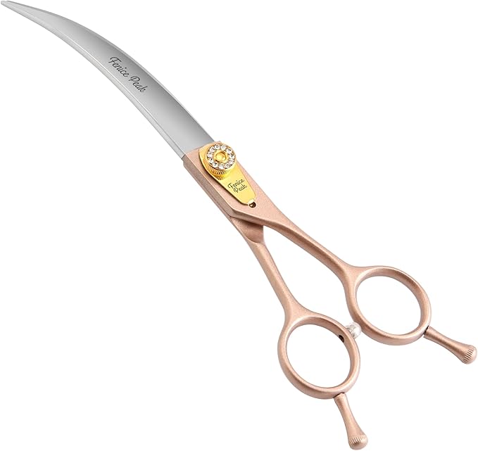 Fenice Peak 45° Extra Curved Dog Grooming Scissors 440C Stainless Steel 7.5'' Big Arc Curved Shears Rose Gold Sharp and Durable Trimming Scissors for Dogs and Cats