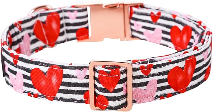 Lionet Paws Valentine Day Dog Collar, Heavy-Duty Cute Red Heart Pattern Fabric Pet Collar with Metal Buckle Necklace for Large Gift, XLarge, Neck 16-26 inches