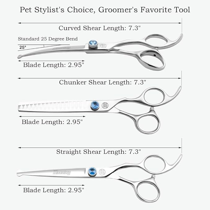 Moontay Professional Dog Grooming Straight, Curved, Thinning/Blending/Chunking Scissors Kit, JP-440C Stainless Steel Pet Cat Hair Cutting/Trimming Shears, Silver