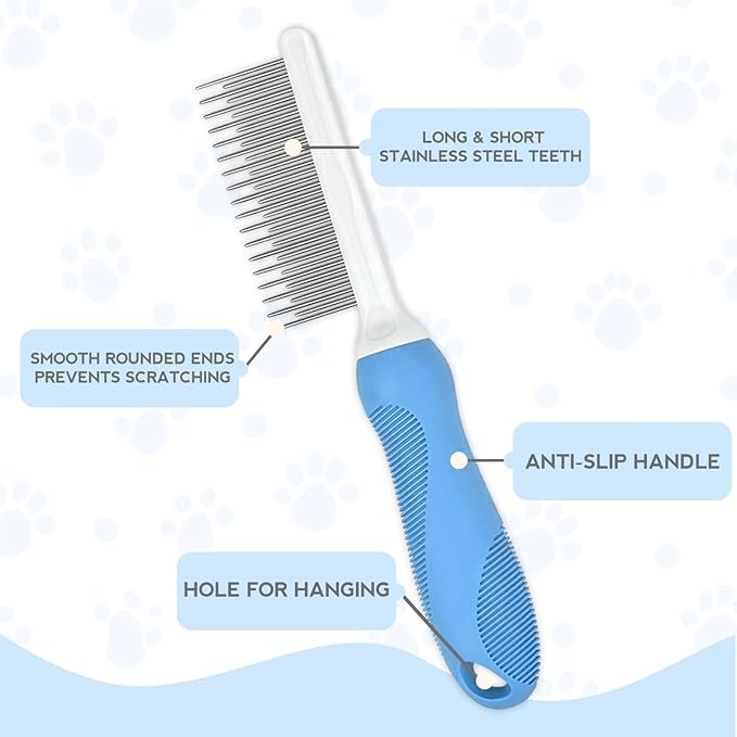 Detangling Pet Comb for Dog & Cat, Grooming Comb with Long & Short Stainless Steel Teeth, Safely Remove Knots & Tangles for Healthy Shiny Coat, Gentle Effective Detangling Tool for Pet Hair (Blue)