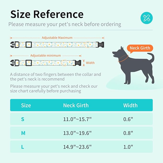 Fashionable Dog Collar with Bow Tie for Small Medium Large Dogs,Cute and Soft Puppy Collar for Male Female Dogs,Cyan Durable Cotton Dog Collar with Adjustable Buckle Daisy Pattern (L, Cyan Daisy)