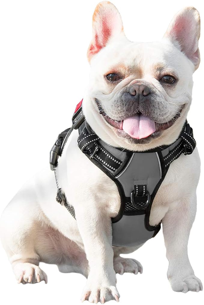 PHOEPET No Pull Dog Harness Medium Reflective Front Clip Vest with Handle,Adjustable 2 Metal Rings 3 Buckles,[Easy to Put on & Take Off](L, Grey)