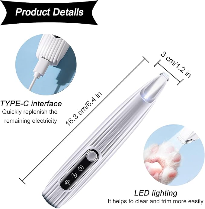 Rechargeable Pet Paw Trimmer with LED Light for Small Dogs - Precision Grooming Tool for Feet, Ears, and Face Hair （White）