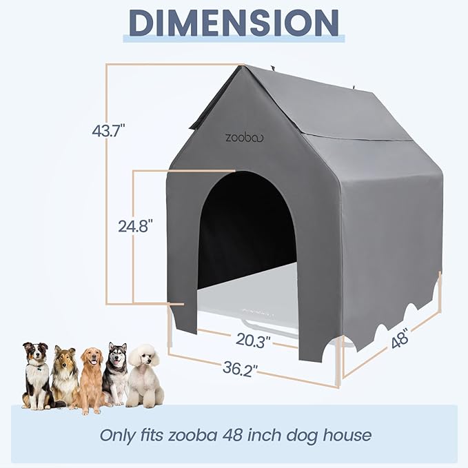 48” Durable Dog House Cover - Waterproof & UV-Resistant 600D Oxford Fabric Canopy for Outdoor Kennels - Cover Only, Fits 36"x30"x44" Houses - Protective Large Breed Shelter Top - Cool Grey