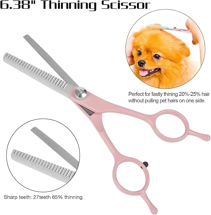 Professional Dog Grooming Scissors Set, 5 in 1 Dog Grooming Scissors Kit, Curved Dog Scissors Pet Thinning Shears, Pet Grooming Supplies, Pink