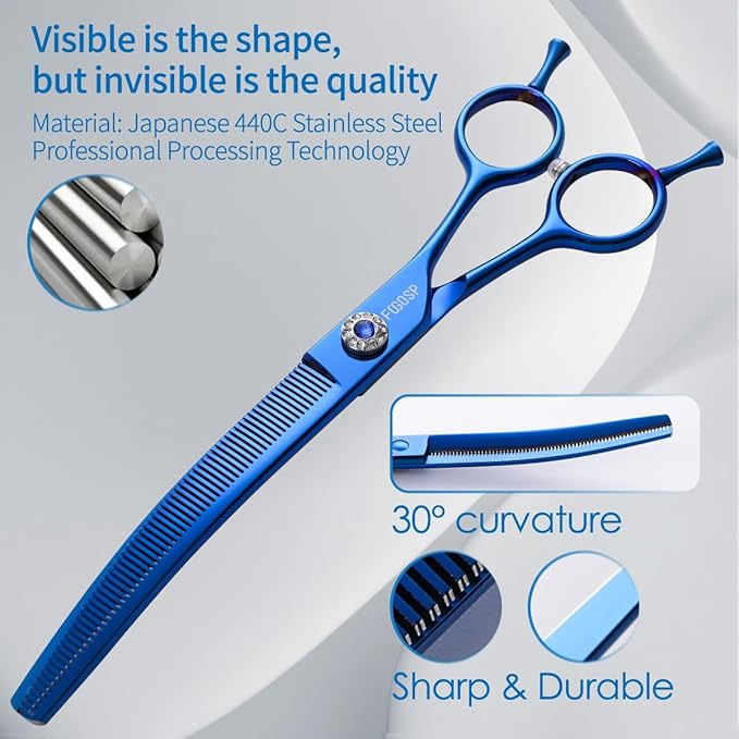 Professional Curved Thinning Shears Dog Grooming Scissors 7.25'' Blue Curved Blender Shears for Grooming Large Dogs Pet 66 Teeth Japan 440C(Curved Thinning)