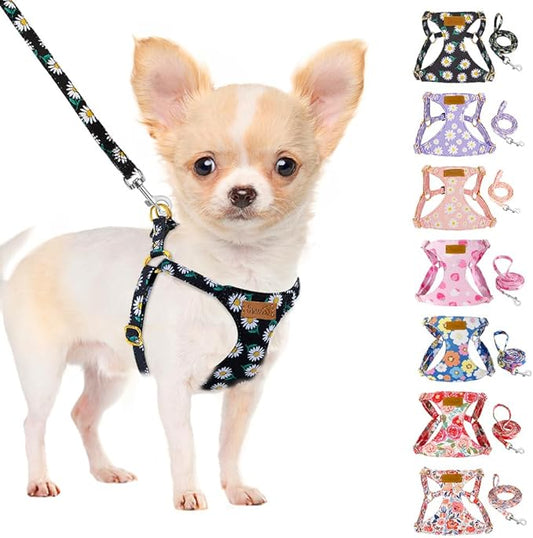 SlowTon No Pull Dog Harness with Leash - Soft Lightweight Floral Pattern Puppy Harness, Adjustable Pet Harness for Small Medium Dogs (Black Daisy XXS)