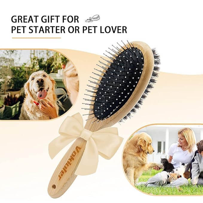 Dog Brush Cat Brush, Double Sided Bristle and Pin Pet Brush for Dog Grooming, Real Boar Bristle Shedding Brush with Bamboo Handle for Long Short Hair, 4 Pack Dog Comb, Black+Yelbow