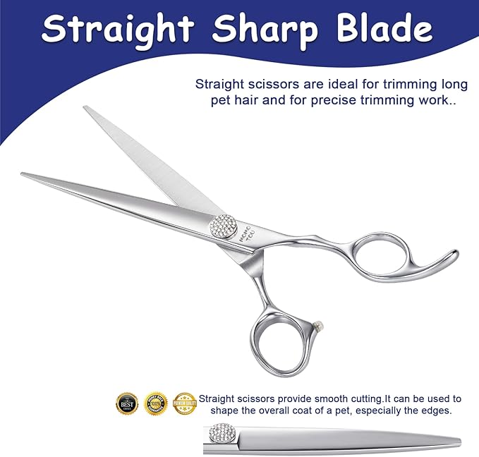 Professional Straight Dog Grooming Scissors with Simulation Diamond 440C Stainless Steel Polished Pet Cat Hair Cutting Shears for Groomers and Home users 7''