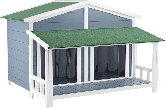 KELRIA 47.2" Dog House, Waterproof Dog Kennel, Wooden Outdoor and Indoor Dog House, Log Cabin Style with Porch,Elevated Floor, 2 Doors, Pine Wood + Green