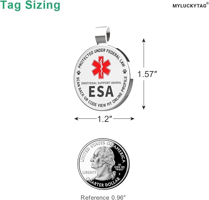 MYLUCKYTAG QR Code ESA Emotional Support Dog ID Tag - Pet Online Profile - Scan QR Receive Instant Pet Location Alert Email