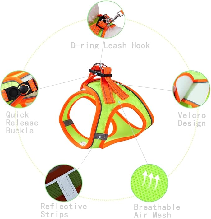 Soft Mesh Dog Harness and Leash Set, No-Chock Step-in Reflective Breathable Lightweight Easy Walk Escape Proof Vest Harnesses with Safety Buckle for Small Medium Dogs, Cats (Green, Large)