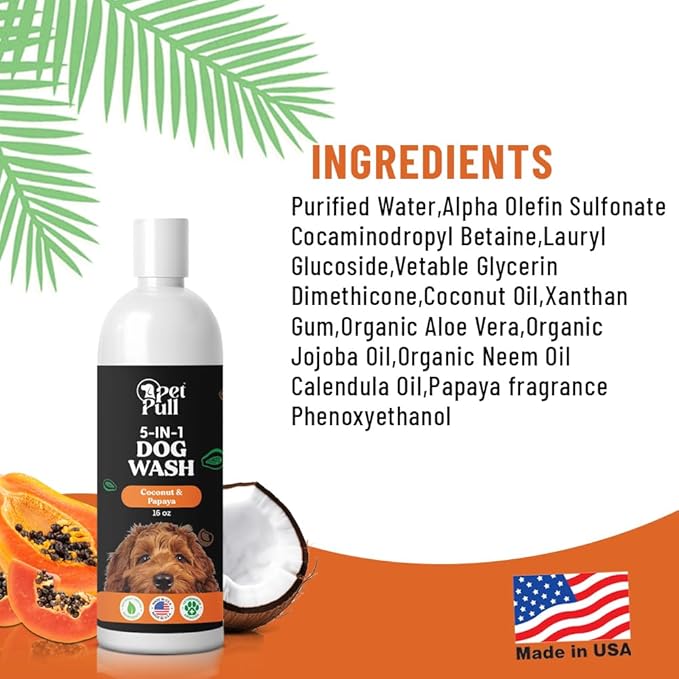 5-in-1 Dog Wash - Plant Based Dog Grooming Supplies for Dogs Cleanses - Skin Care Dog Wash Shampoo - Sulfate Free, All Natural Puppy Wash -Coconut and Papaya Scent -Made in USA (16 Fl Oz)