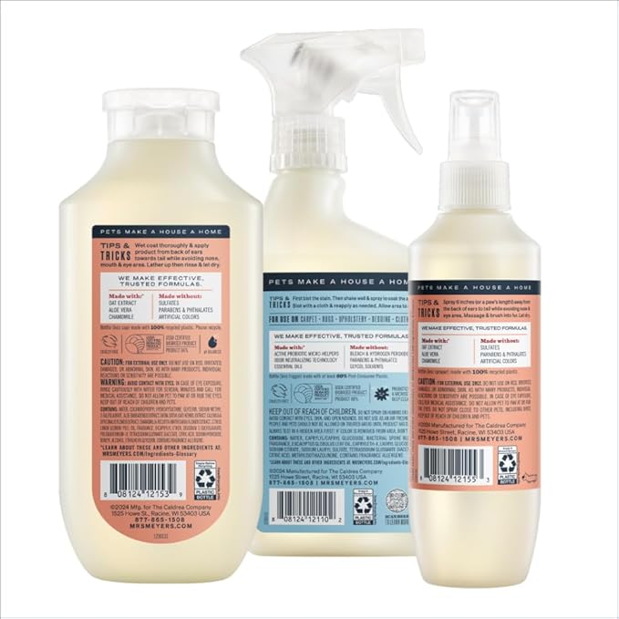 Mrs. Meyer's Clean Day Dog Care Kit, Includes 3in1 Dog Shampoo - White Peach, Dog Deodorizing Spritz - White Peach and Pet Stain & Odor Fighter - Coconut Leaf