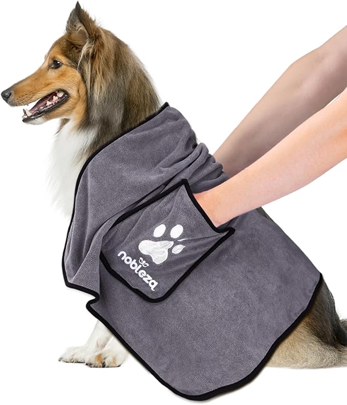Nobleza Super Absorbent Large Dog Towels with Hand Pockets, Soft Microfiber Quick Drying Dog & Cat Bath Towel, Gray
