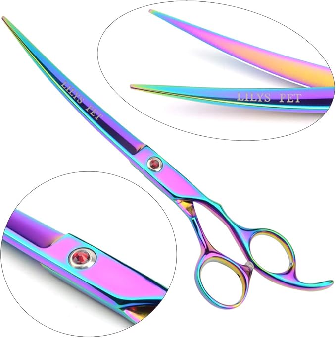 LILYS PET Professional PET DOG Grooming Coated Titanium scissors suit Cutting&Curved&Thinning shears (7.5 inches, Rainbow)…