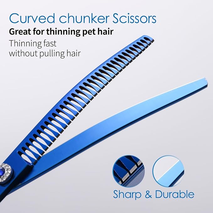 Professional Curved Chunkers Shears Dog Grooming 7.25'' Blue Curved Thinning Dog Grooming Scissors for Large Dogs Pet 35 Teeth Japan 440C(Curved Chunkers)