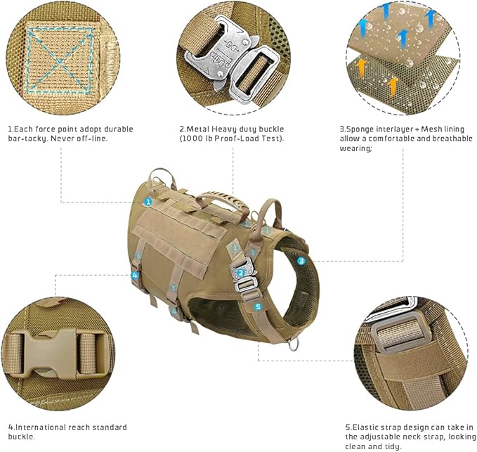 PET ARTIST Tactical Dog Harness for Hiking Training, No Pull Vest Harness for Medium Large Dogs, with Pouches and Patches Coyote Brown, M