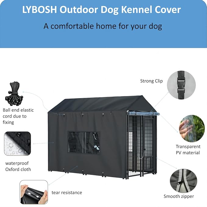 Outdoor Dog Kennel Cover - 8.1'D x 4.1'W x 6'H. All-weather waterproof protection for multiple brands of kennels of the same size, Black