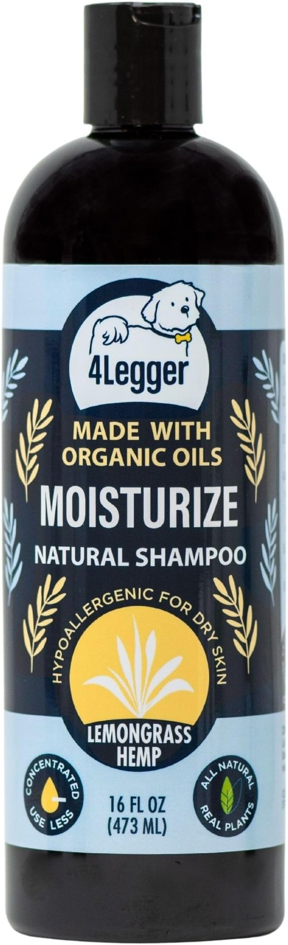 Organic Dog Shampoo, Dry, Itchy Skin and Coat Relief, Coconut Oil, Lemongrass Hemp Dog Shampoo, Puppy Shampoo 16 oz
