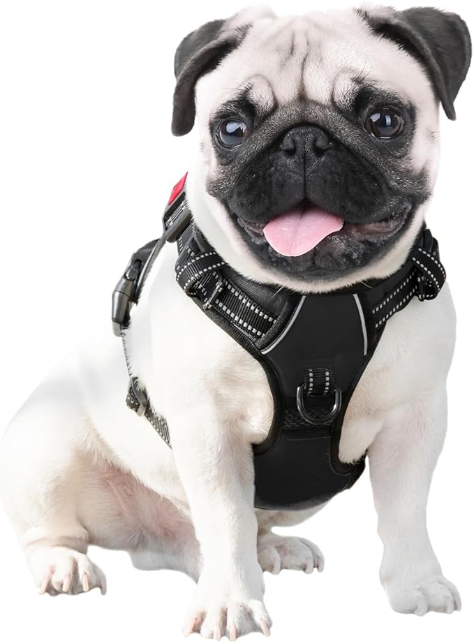 PHOEPET Reflective Dog Harness Large Breed Adjustable No Pull Vest with with Handle 2 Metal Rings 3 Buckles [Easy to Put on & Take Off](L, Black)