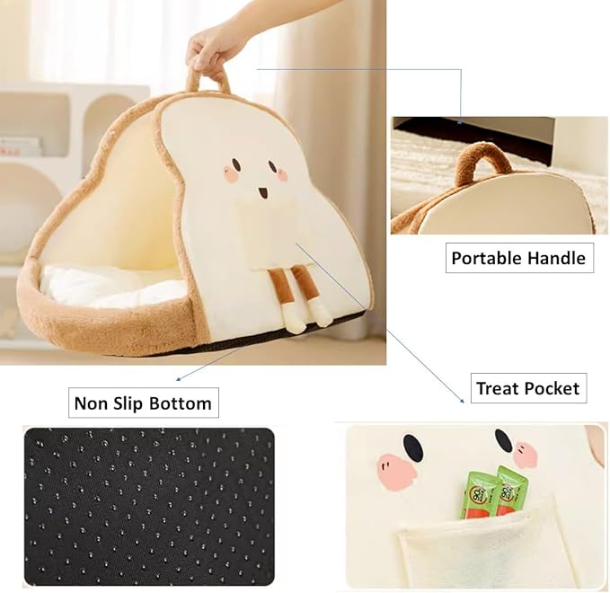 Portable Pet Cave for Puppy Kitten Cute Toast Design for Small Pets Cosy Cuddler (M:up to 5.5lbs)