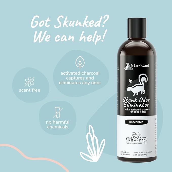 kin+kind Skunk Shampoo for Dogs & Cats - Activated Charcoal Odor Eliminator(12 fl oz) - Safe for Dogs and Cats, Removes Skunk Scent - Natural Blend with Coconut and Olive Oil - Unscented - Made in USA