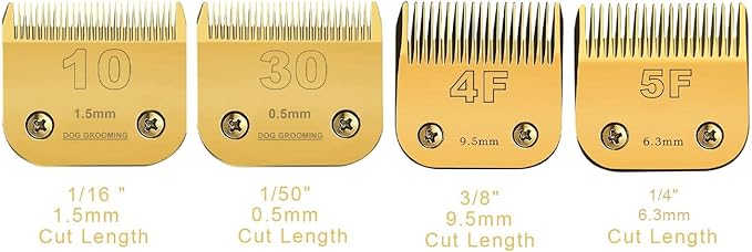 5F/4F/30/10 Detachable Pet Dog Grooming Clipper Carbon Steel Sharp,Compatible with Andis,Oster A5,Wahl KM Series Clippers,Cut Lengt 3/8"(9.5mm) 1/8"(3.2mm) 1/16"(1.5mm) 1/50" (0.5mm) 4 Pack