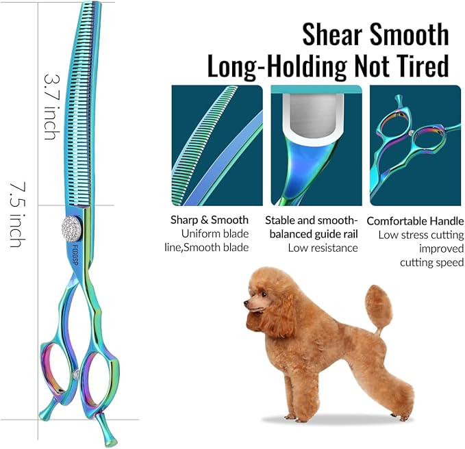 Professional Curved Thinning Shears Dog Grooming Scissors 7.5'' Blue Green Curved Thinner Scissors for Grooming Large Dogs Pet 56 Teeth Japan 440C(Curved Thinner,Turquoise)