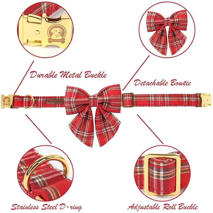 MR. CHUBBYFACE Christmas Red Plaid Dog Collar with Sailor Bow, Adjustable Cotton Christams Dog Collar with Metal Buckle, Cute Boy Girl Pet Collars for Small Medium Large Dogs