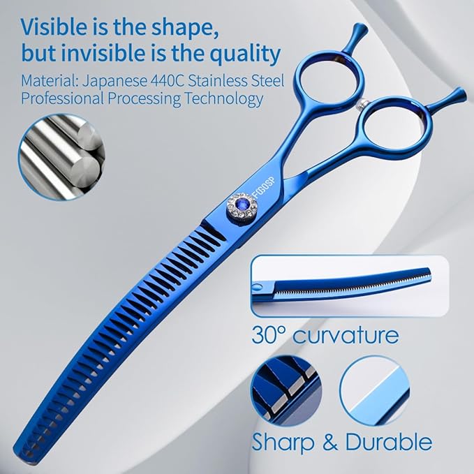 Professional Curved Chunkers Shears Dog Grooming 7.25'' Blue Curved Thinning Dog Grooming Scissors for Large Dogs Pet 35 Teeth Japan 440C(Curved Chunkers)