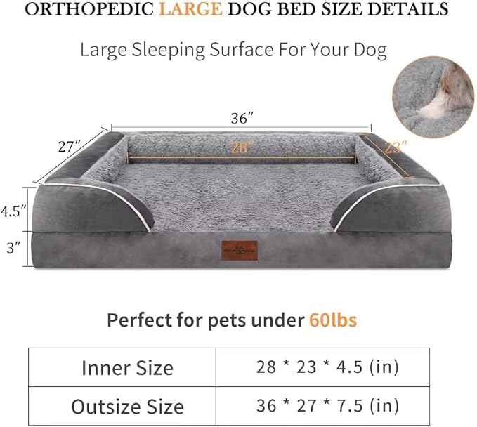 Large Dog Beds Waterproof Orthopedic Foam Dog Beds for Large Dogs Sofa Comfy Pet Bed with Washable Removable Cover & Non-Slip Bottom(Large,Grey)