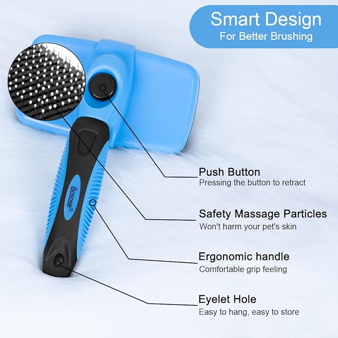 Slicker Brush - Self Cleaning Hair Brush for Dogs, Cats & Bunny - Grooming & Shedding Tool for All Pets - Non Slip Rubber Handle & Soft Bristles - Unisex, Blue