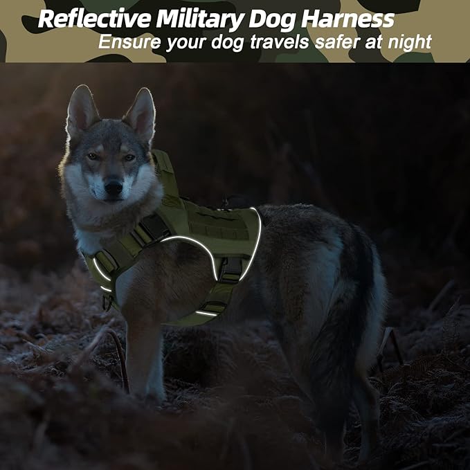 WINGOIN Green Harness with Handle Tactical Dog Harness for Large Dogs No Pull Adjustable Reflective K9 Military Dog Vest Harnesses with Easy Control Handle and Hook & Loop Pa(XL)