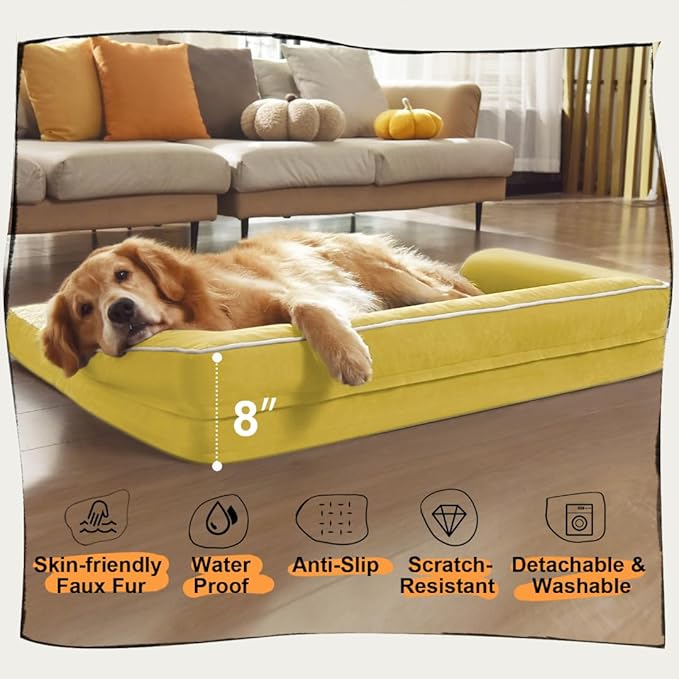 Large Dog Bed Orthopedic Washable | Beds Bolster Pet - XXL Large Big Dogs - Memory Foam - Couch Sofa - Waterproof with Removable Cover - Ginger Yellow Dog Bed