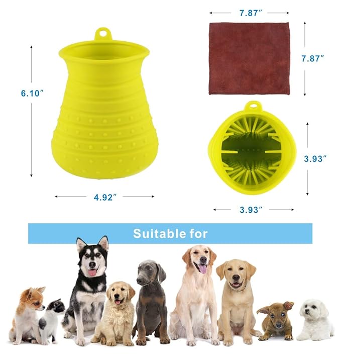 Idepet Dog Paw Cleaner Cup with Towel Pet Foot Washer Protable Dog Cleaning Brush for Puppy Cats Massage Grooming Dirty Claw (Green)