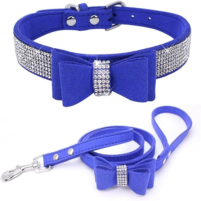 Rhinestone Bowtie Small Dog Collar and Leash Set, Diamond Puppy Collars Bow Crystal Bling Jeweled Glitter Girl Female Adjustable for XXSmall X-Small Small Medium Large Dogs (Dark Blue-1,XXSmall)