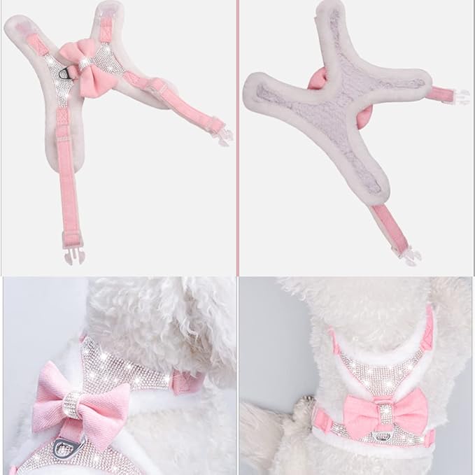 Plush Chest Straps for Dogs, Rhinestone Winter Dog Harness, Vest Bow Harness for Small Medium Dogs