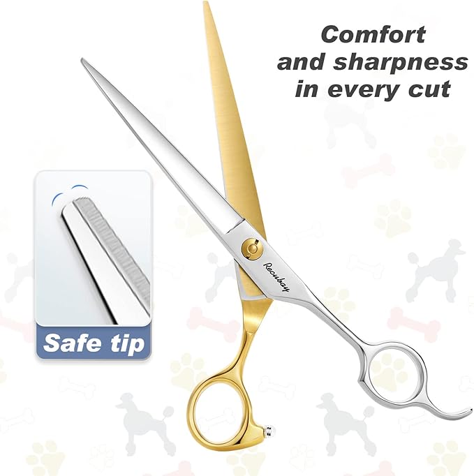 Dog Cat Scissors for Grooming, Pet Shears for Thick Coats and Matted Hair, Thinner Curved Straight Chunker Stainless Steel Shears (7.0" Straight Gold-Silver)
