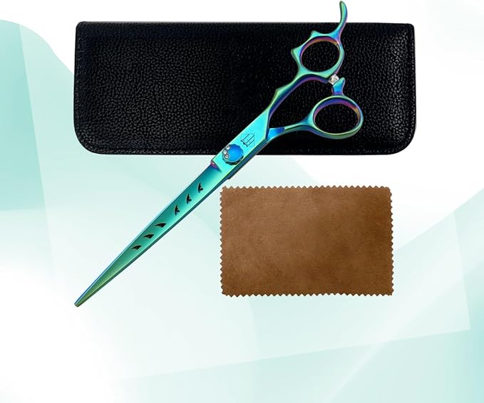 Dog Grooming Scissors: 7" Straight Pet Shears Skeletonized blade Made Of Japanese 440C for Trimming Dogs Cats and Other Pets Green