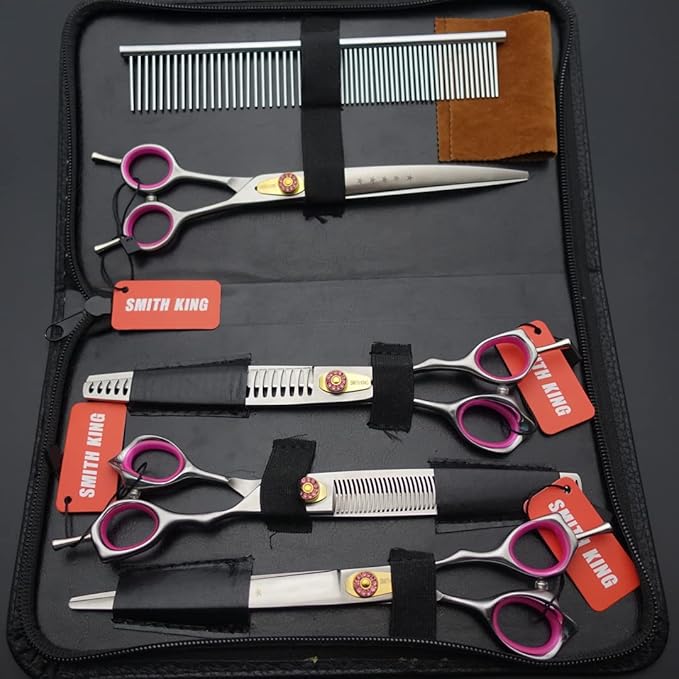 Professional Dog Grooming Shears Set Dogs Straight & thinning & Curved scissors & chunkers Scissorswith comb in 1 Set for Right-handed & Left-handed (8.0 Silvery right-handed)