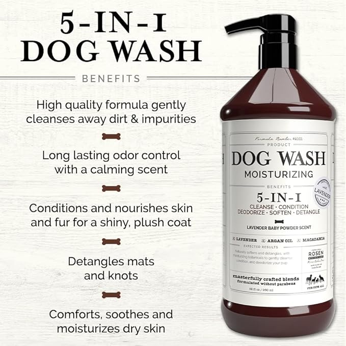 5-in-1 Moisturizing Dog Wash & Grooming Brush Set - Made with Naturally Derived Ingredients to Cleanse, Soothe, Deodorize, and Soften The Skin and Coat
