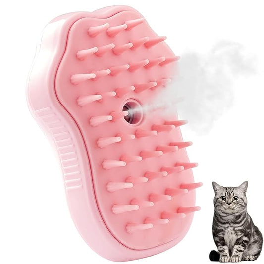 Cat Steam Brush, 3 in 1 Cat Steamy Brush, Silicone Massage Grooming Brush, Pet Hair Cleaning Brush Comb for Cats Dogs(Pink Cat Paw)
