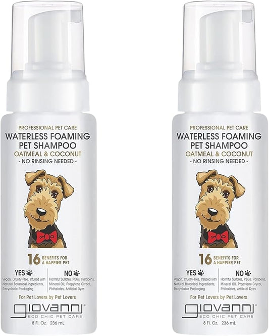 GIOVANNI Professional Foaming Waterless Pet Shampoo - Oatmeal & Coconut Helps Neutralize Odors, Cleanses, Silkens, Controls Static, Freshens Fur - 8 oz (Pack of 2)