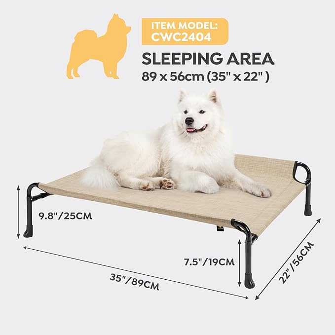 Veehoo Elevated Dog Bed, Cooling Raised Dog Bed with Guardrail & Headrest, Upgraded Non-Slip Silicon Feet, Breathable Teslin Mesh, Portable Pet Cot for Indoor and Outdoor, 35 x 22 Inches, Beige Coffee
