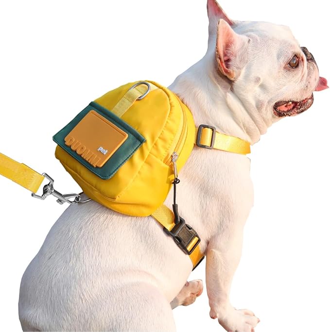 Dog Backpack Harness with Leash,Cute Pet Puppy Backpacks Bulid-in Dog Poop Bag Dispenser,Adjustable Pets Self Carrier Bag for Small Medium Dogs Travel Hiking Daily Walking(M, Yellow)