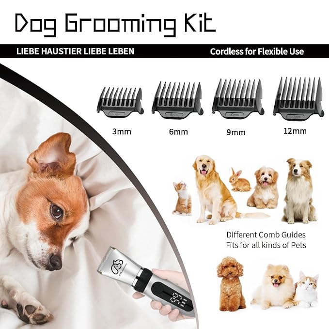 GTS Pet Clippers Professional Dog Grooming kit Adjustable Low Noise High Power Rechargeable Cordless Pet Grooming Tools, Hair Trimmers for Dogs and Cats, Washable（IPX5, with LED Display.