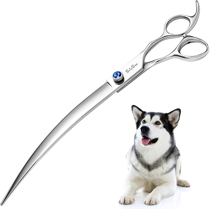 10inch Curved Dog Grooming Scissors Professional,VG10 Steel Dog Scissors for Grooming,30 Degree Bend,Sharp Blade with CNC Screw and Round Blunt Tip,Pet Grooming Shears for Medium and Large Dogs Cats